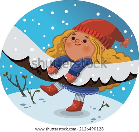 Happy little girl having fun on a snowy day. Vector illustration.
