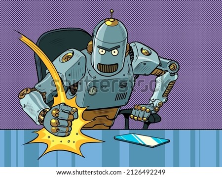 The evil robot boss hits the table with his fist. Emotions in the office. Angry boss Pop Art Retro Vector Illustration 50s 60s Vintage kitsch style