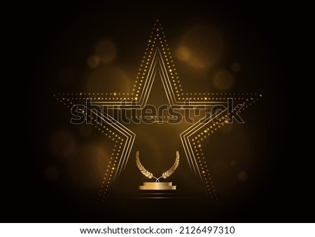 Golden glowing star with laurel wreath, award template on black background.