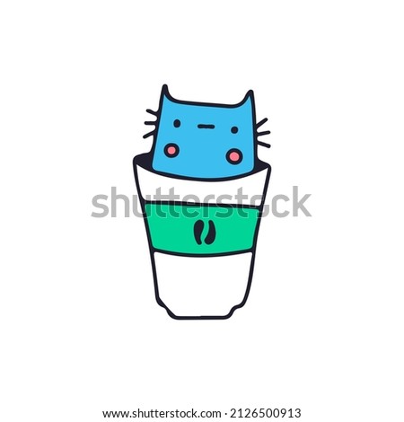 Cat peeking over coffee cup, illustration for t-shirt, sticker, or apparel merchandise. With retro cartoon style.
