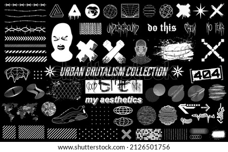 Acid graphic set, trendy urban elements, brutalism graphic shapes, emblems crime urban life, abstract geometric shapes for merch, t-shirt, typographic and prints. Acid, brutalism, underground. Vector Royalty-Free Stock Photo #2126501756