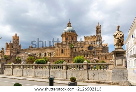 Facade view of Palermo Cathedral (Metropolitan Cathedral of the Assumption of Virgin Mary), located in Palermo, Sicily, Italy. UNESCO World Heritage Site Royalty-Free Stock Photo #2126502113