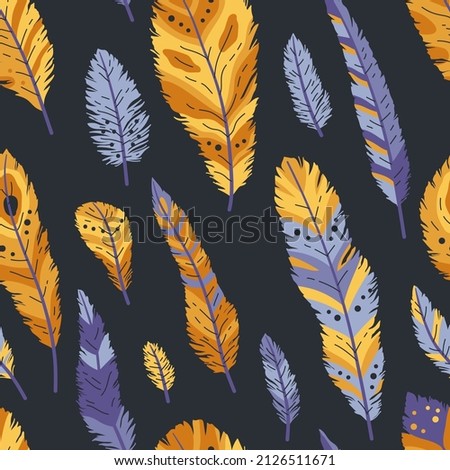 Seamless pattern of decorative colored animals tribal feathers. Decorative ethnic stylize feather ornamental indian aztec design, colored boho hippie birds. Rustic decorative feathers background.