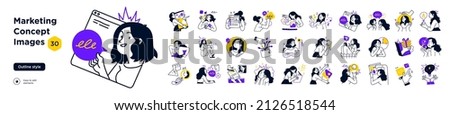 Digital Marketing illustrations. Mega set. Collection of scenes with men and women taking part in business activities. Trendy vector style Royalty-Free Stock Photo #2126518544