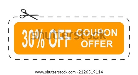 30 percent off price proposition. Coupon with dotted cut line and scissors icon isolated on white background. Marketing promotion concept. Vector flat illustration