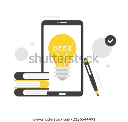 Business idea. Digital solution. Mobile phone with light bulb on screen, books and pen. Modern technology. Flat design. Vector illustration