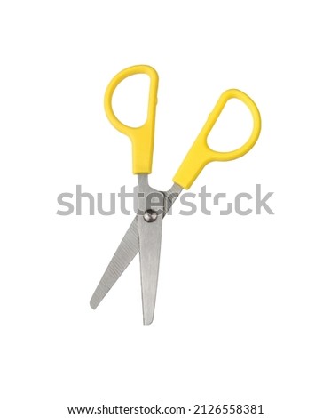 Bright yellow scissors isolated on a white background. A tool for working with paper.