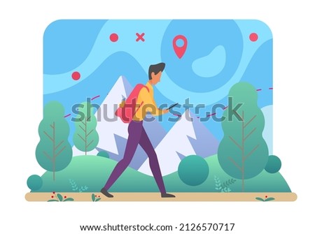 Man enjoying hiking and climbing healthy activity. Trekking active trails of walking leisure time