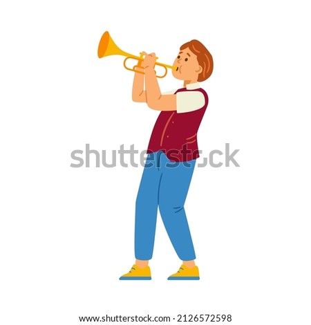Child boy cartoon character learning playing trumpet, flat vector illustration isolated on white background. Kids music education. School music classes personage.