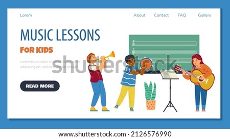 Kids play guitar, trumpet and tambourine on music lessons. Black and white boys and girl learn to play musical instruments at music school classes. Cartoon vector banner illustration.