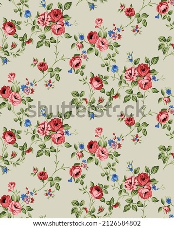 seamless vector red and blue  small flower pattern on green background