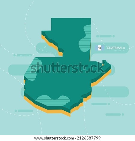 3d vector map of Guatemala with name and flag of country on light green background and dash.
