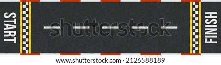 Top view of race car track with start and finish line. Vector cartoon illustration of straight road for auto rally competition with white grid pattern marking on asphalt Royalty-Free Stock Photo #2126588189