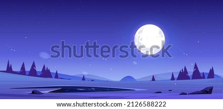 Cartoon night nature landscape full moon shining in sky with stars above field with pond, conifer trees and rocks. Dark heaven with moonlight romantic fantasy background, midnight twilight vector view Royalty-Free Stock Photo #2126588222