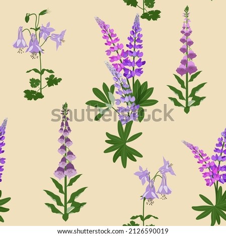 Floral seamless pattern. Branch lupine, digitalis and aquilegia on a beige background. Vector illustration. For decoration textile, packaging, wallpaper. Royalty-Free Stock Photo #2126590019