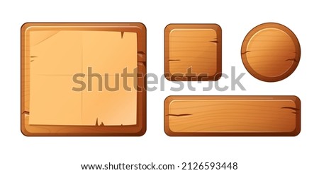 Wooden buttons for game user interface, user interface elements isolated on white background. vector cartoon illustration.

