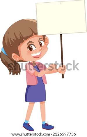 Little girl holding empty banner in cartoon style illustration