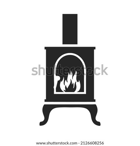 Potbelly wood-burning stove black minimalist icon or symbol vector illustration isolated on white background. Vintage house cast iron stove or fireplace.