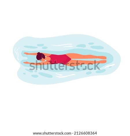 cute girl swim under water on summer holiday isolatted on white. woman swimmer in red swimsuit and goggles. vector cartoon flat