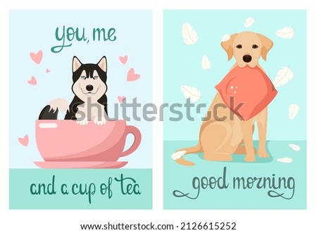 A set of cards with funny dogs. Cartoon design. Vector illustration.
