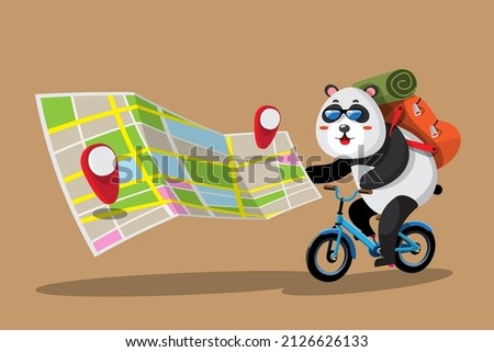 A young panda tourist rides a bicycle touring the city using maps and GPS navigation to reach his destination without getting lost. Flat vector illustration character design