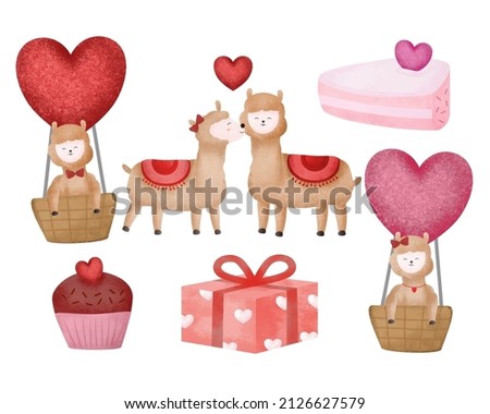 Valentine’s Day vector illustration. Four cute lamas on white background with many hearts for graphic designer create artwork, card, brochure for various invitations or greetings 