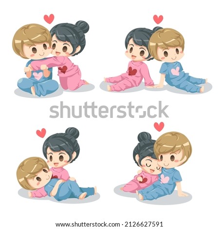 Valentine’s Day vector illustration. Cute couple on white background with many hearts for graphic designer create artwork, card, brochure for various invitations or greetings 