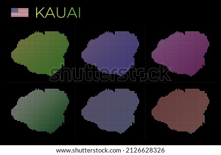 Kauai dotted map set. Map of Kauai in dotted style. Borders of the island filled with beautiful smooth gradient circles. Beautiful vector illustration.