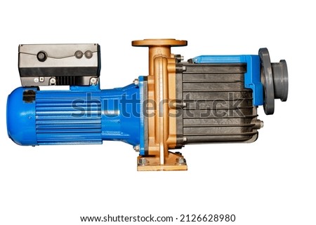 Water recirculation pump with built in filter to clean the water from fine debris before it passes through the pump housing. The image is isolated on a white background. Royalty-Free Stock Photo #2126628980