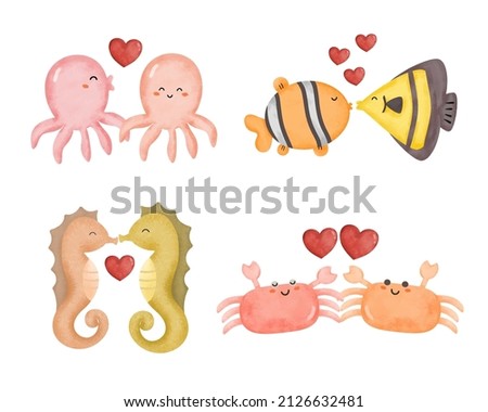 Valentine’s Day vector illustration. Four cute couple marine life on white background with many hearts for graphic designer create artwork, card, brochure for various invitations or greetings 