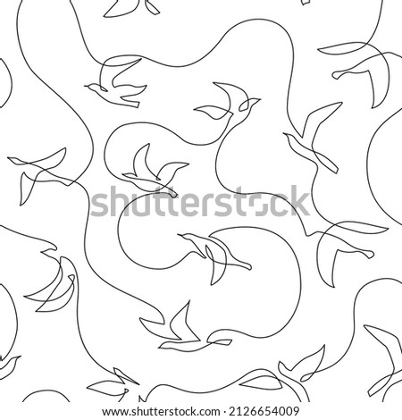 Abstract birds continuous one line drawing seamless pattern. Flying birds line art on white background in black and white colors, modern vector illustration for card, banner, poster, flyer, wallpaper
