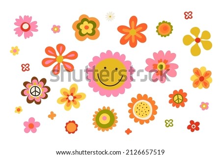 Hippy flowers set. Hippie style blossoms, retro vintage hand drawn decorative elements, 60s and 70s abstract flower, bright colors childish cute decor, doodle objects peace and funny faces vector Royalty-Free Stock Photo #2126657519