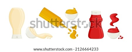 Sauce splash in bottles and bowls.  Mayonnaise, mustard, tomato ketchup cartoon vector set. Various hot spice sauces spilled strips, drops and spots. Food illustration Royalty-Free Stock Photo #2126664233