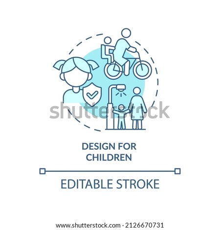 Design for children turquoise concept icon. Comfortable city for junior citizens abstract idea thin line illustration. Isolated outline drawing. Editable stroke. Arial, Myriad Pro-Bold fonts used