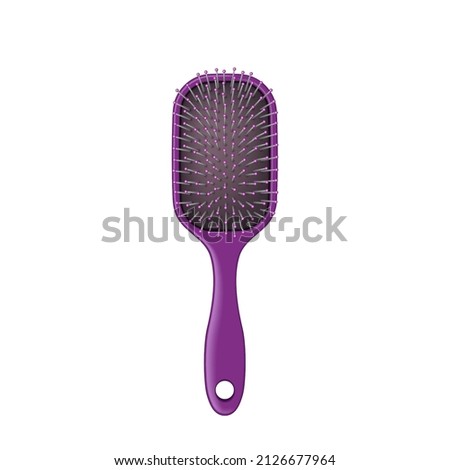 Purple hairbrush for everyday hair care and brushing. Hairdresser tool plastic comb icon isolated on white background. Hygiene concept. Realistic vector illustration Royalty-Free Stock Photo #2126677964