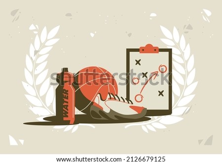 vector illustration of a group of objects for playing basketball, a basketball, a sports sneaker, a water bottle and a tablet with a tactical scheme