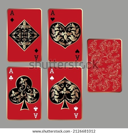 Four aces. Set of vector suits for playing cards and back design from floral elements. Vintage stylized illustrations
