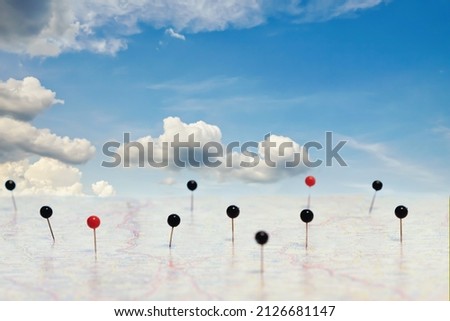 Find your way. Location Pin marking on a routes, world map. Maps navigation with red and black color point markers. Adventure, discovery, navigation, communication, logistics, geography Royalty-Free Stock Photo #2126681147