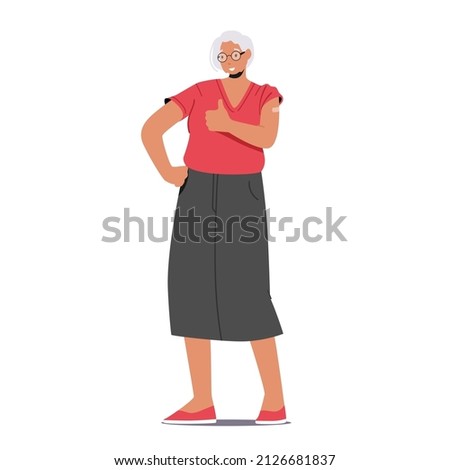 Elderly Vaccinated Woman Show Thumb Up, Vaccination, Immunization, Healthcare Concept. Positive Senior Character with Patch on Shoulder Isolated on White Background. Cartoon People Vector Illustration