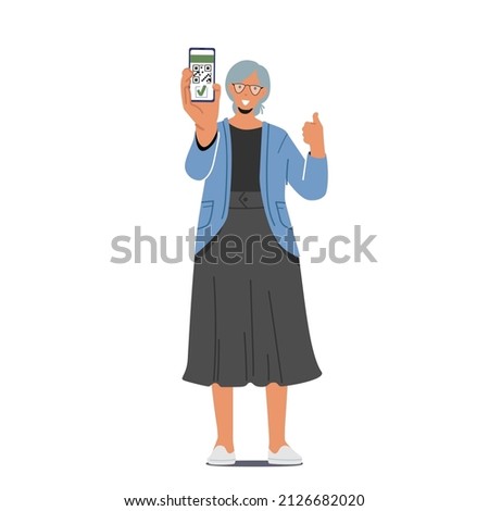 Senior Woman Show Qr Code Isolated on White Background. Elderly Female Character with Device Showing Covid Vaccination Certificate on Phone Screen, Sanitary Pass. Cartoon People Vector Illustration