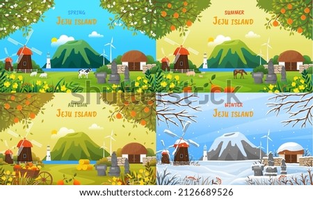 JeJu Island in autumn, winter, spring, summer. Beautiful different season landscape. Harvest time Jeju South Korea. Nature and architecture of island, tourist resort. Mountain, mill and stone statues Royalty-Free Stock Photo #2126689526