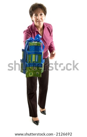 woman with wrapped boxes presents smiling happy