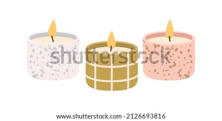 Scented wax candles. Modern aromatic decoration for cosy home interior. Decorative burning candlelight. Natural romantic decor with flame. Flat vector illustration isolated on white background