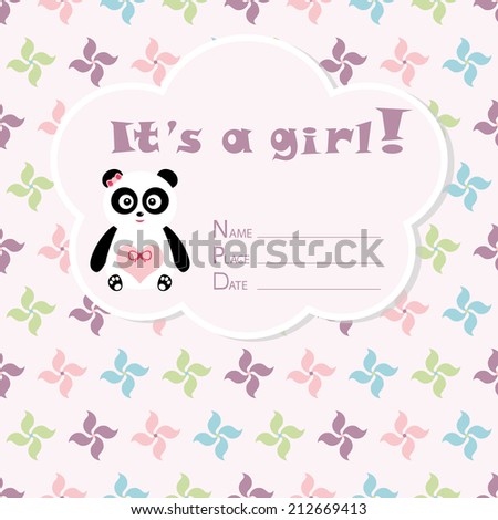 Baby girl arrival card. Baby shower card. Newborn baby card with panda and colorful pinwheels. Vector illustration. The text is drawn, the text can be removed.