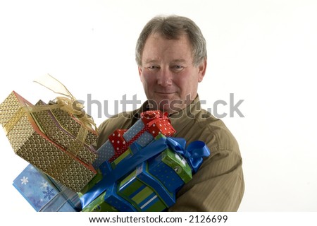 handsome man with gift wrapped presents smiling