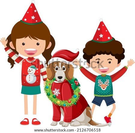 Children with beagle dog wearing Christmas outfits illustration