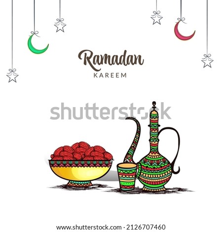 Ramadan Kareem Concept With Traditional Arabic Jug, Glass, Dates In Bowl, Crescent Moon And Stars Hang On White Background.
