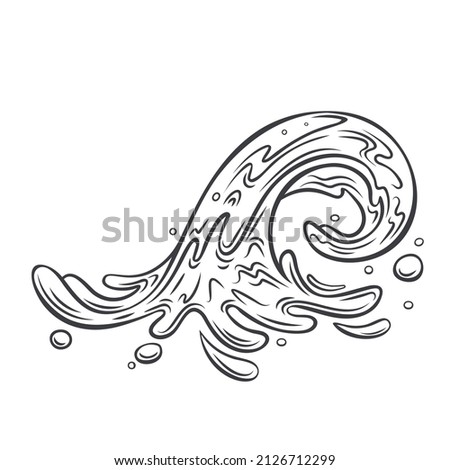 Ocean wave outline. Drawn monochrome sea waves tide splash, splash water motion, with spray, marine surf wave, and sea storm elements, vector illustration in retro style.