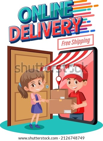 Online Delivery Free Shipping with courier delivering packages illustration