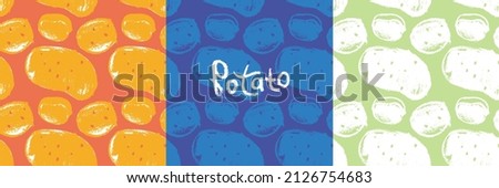 Vector potatoes pattern seamless. Potato drawings, root vegetable illustration. Vegetarian restaurant banner. Vegetal background for village food label, rustic chips packaging. Country cooking courses Royalty-Free Stock Photo #2126754683